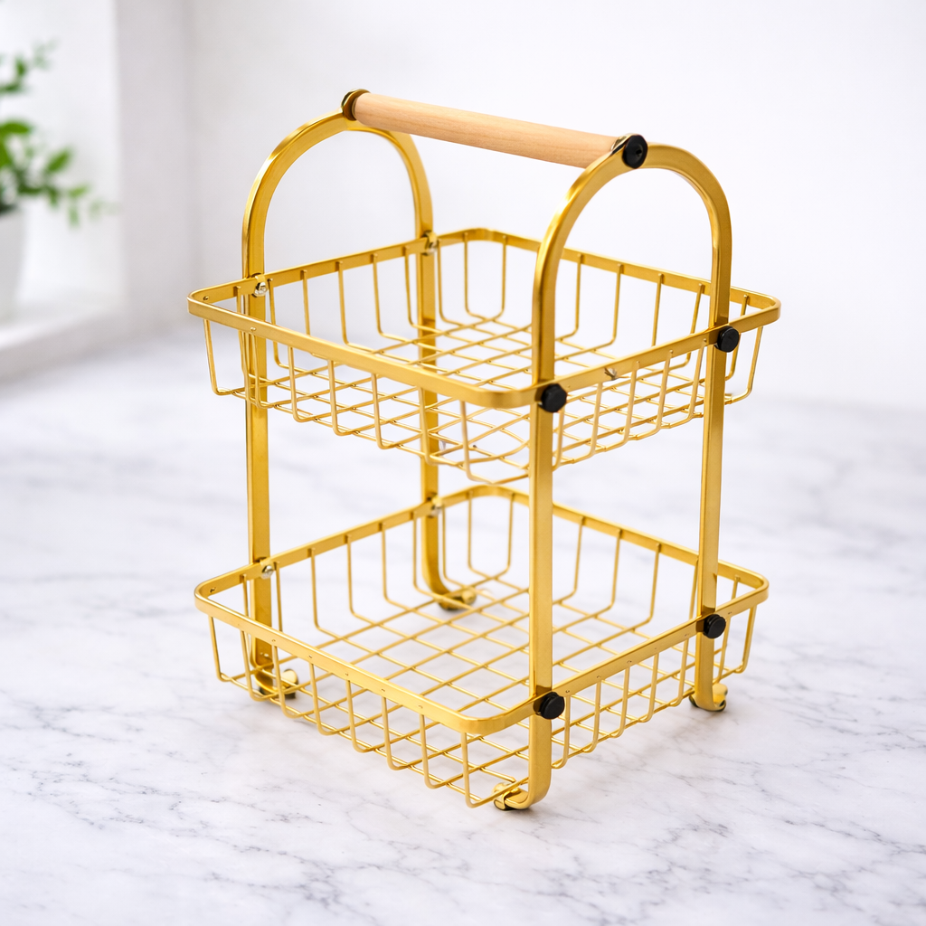 2-Layer Metal Fruit Basket – Gold Wire Storage Rack with Wooden Handle