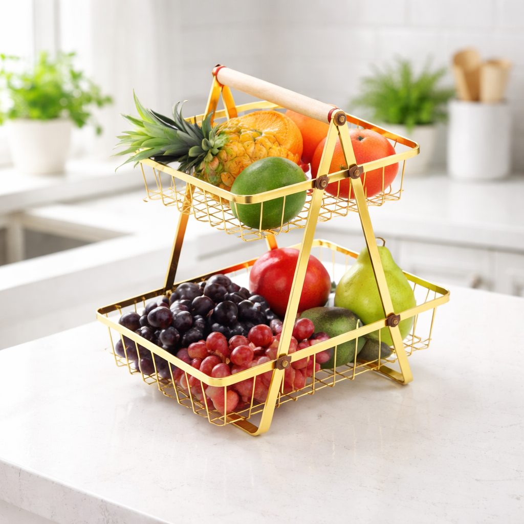 Fruit Basket – Modern Countertop Storage Rack with Wooden Handle (Black & Gold Options)