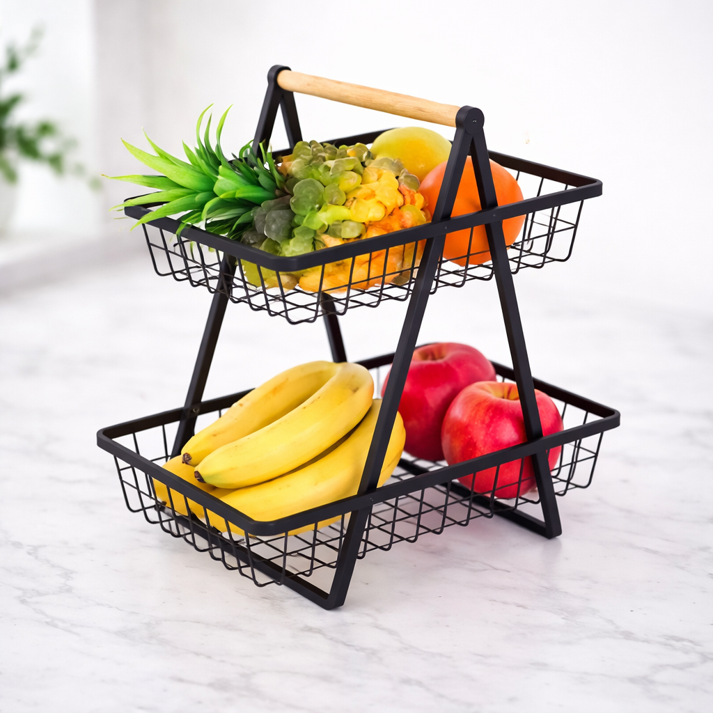 Fruit Basket – Modern Countertop Storage Rack with Wooden Handle (Black & Gold Options)